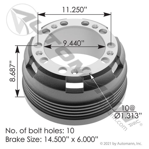 151.4601BA - Brake Drum 14.500in X 6.000in - Nick's Truck Parts