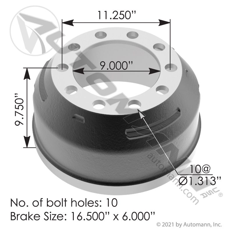 151.6613BA - Brake Drum 16.500in X 6.000in - Nick's Truck Parts