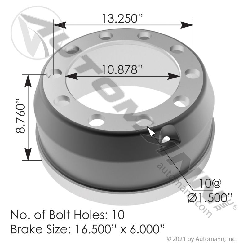 151.6616BA - Brake Drum 16.500in X 6.000in - Nick's Truck Parts