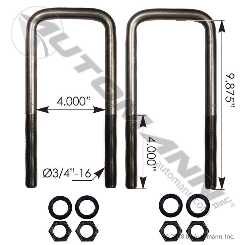 AUBK8254-097 - U Bolt Kit Square 3/4in X 4in X 9-7/8in - Nick's Truck Parts