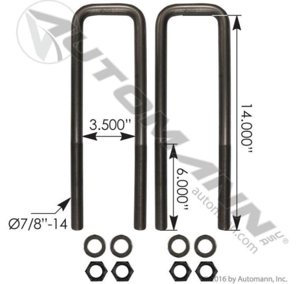AUBK8263-14--U Bolt Kit 7/8 x 3-1/2 x 14 In., (product_type), (product_vendor) - Nick's Truck Parts