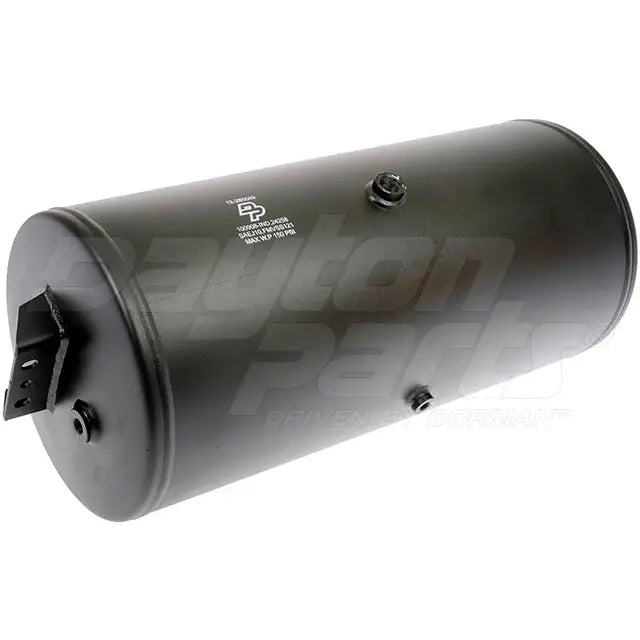 Heavy duty Dayton trailer air tank showing a cylindrical metal air tank with mounting brackets for heavy-duty use.