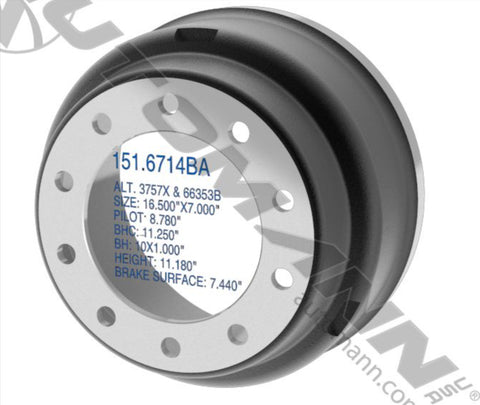 151.6714BA - Brake Drum 16.500in X 7.000in - Nick's Truck Parts