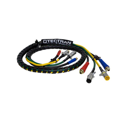 Tectran Air Power Line 10 ft. 4-in-1 with multiple connectors, durable black rubber hoses, and metal fittings for versatile air supply.