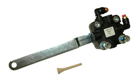 Automann HCV Hendrickson height control valve for truck suspension systems, showing the metal valve with connectors and adjustment knob.