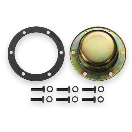 Automann hub cap with hardware, round metal wheel cover showing a sleek silver finish and mounting hardware.