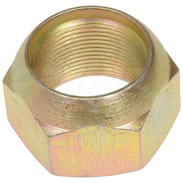 Automann E-10254L disc wheel nut for metric wheel end applications, shown in a close-up view of the metallic nut.