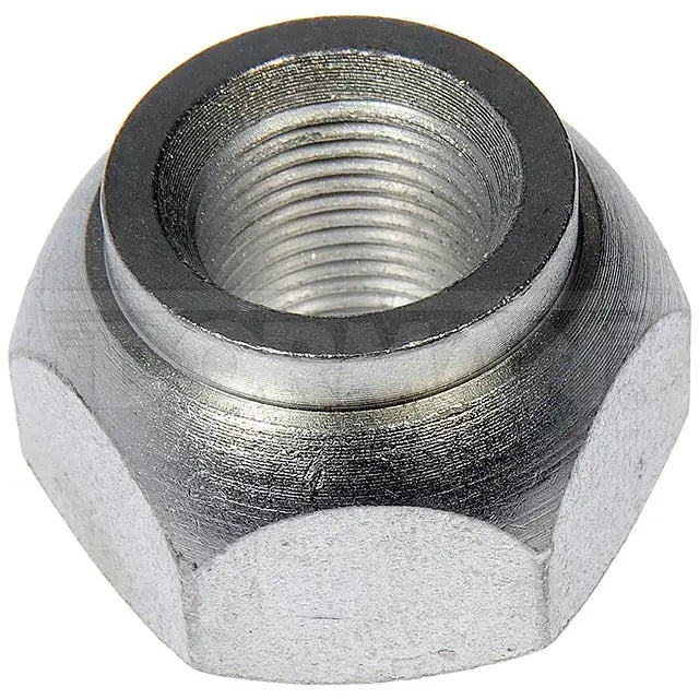 Automann E-5554L disc wheel nut for wheel end applications, shown in a close-up view on a vehicle wheel.