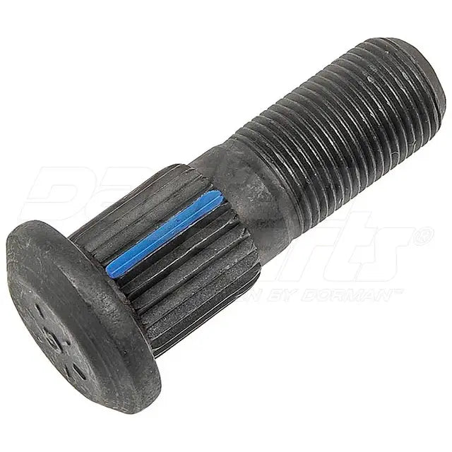Automann E-8993L serrated wheel stud for wheel end applications, shown in a close-up view with detailed threading.
