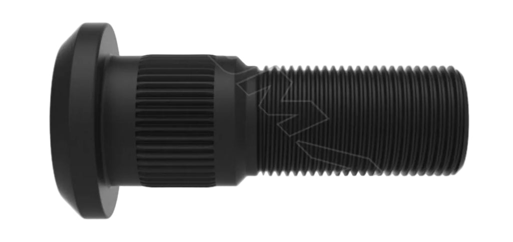 Automann E-11674L serrated wheel stud for wheel end assembly, shown in close-up with detailed threading and serrated design.
