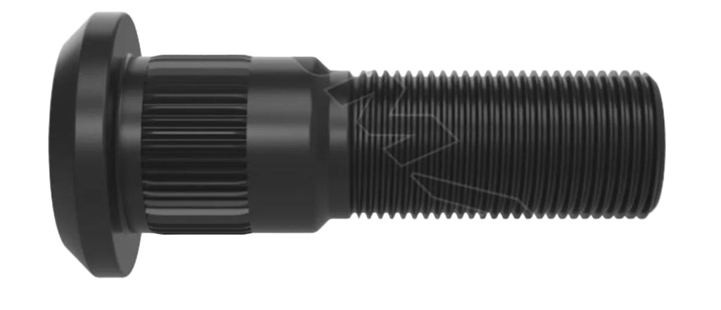Automann E-11672L serrated wheel stud for wheel end assembly, shown in close-up with detailed serrated surface.