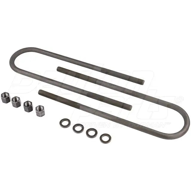 Dayton 361-182 U-bolt kit with round threaded ends, hardware for securing pipes or cylindrical objects, black metal finish.