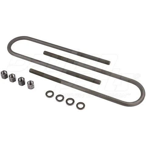 Dayton 361-182 U-bolt kit with round threaded ends, hardware for securing pipes or cylindrical objects, black metal finish.