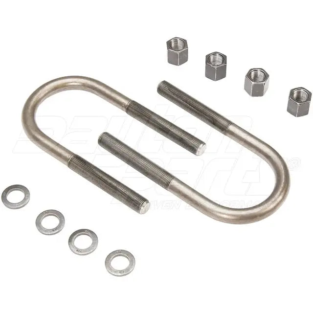 Dayton U-Bolt kit with 7/8-inch diameter, 4-inch width, and 9-1/4-inch length, featuring multiple U-bolts for fastening or support.