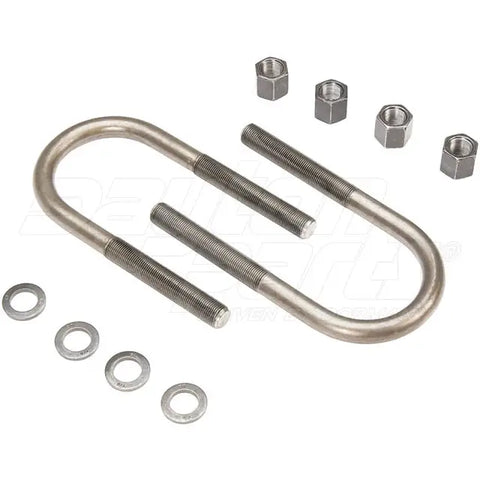 Dayton U-bolt kit with 7/8-inch diameter, 4-inch width, and 9-1/4-inch length, shown with bolts and nuts on a white background.