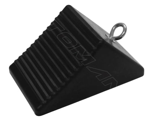 Automann wheel chock model 562.6147-8 in black, with 5x4 inch rubber block for vehicle wheel safety and stability.