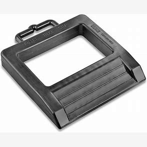 Black Automann wheel chock for pallet jacks, designed to secure and stabilize heavy loads during lifting and transport.