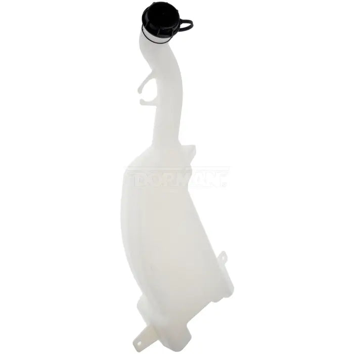 Dayton washer fluid reservoir for Freightliner trucks, shown in black plastic with mounting points and fill cap.