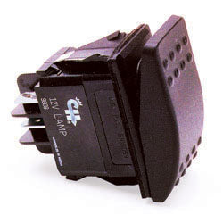 Automann 577.3053 rocker switch with On/Off/On toggle, black plastic housing and metal terminals for industrial control panels.