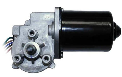 Automann wiper motor for USPS LLV vehicle, model 577.99901, shown installed on a truck windshield with wiring connections visible.