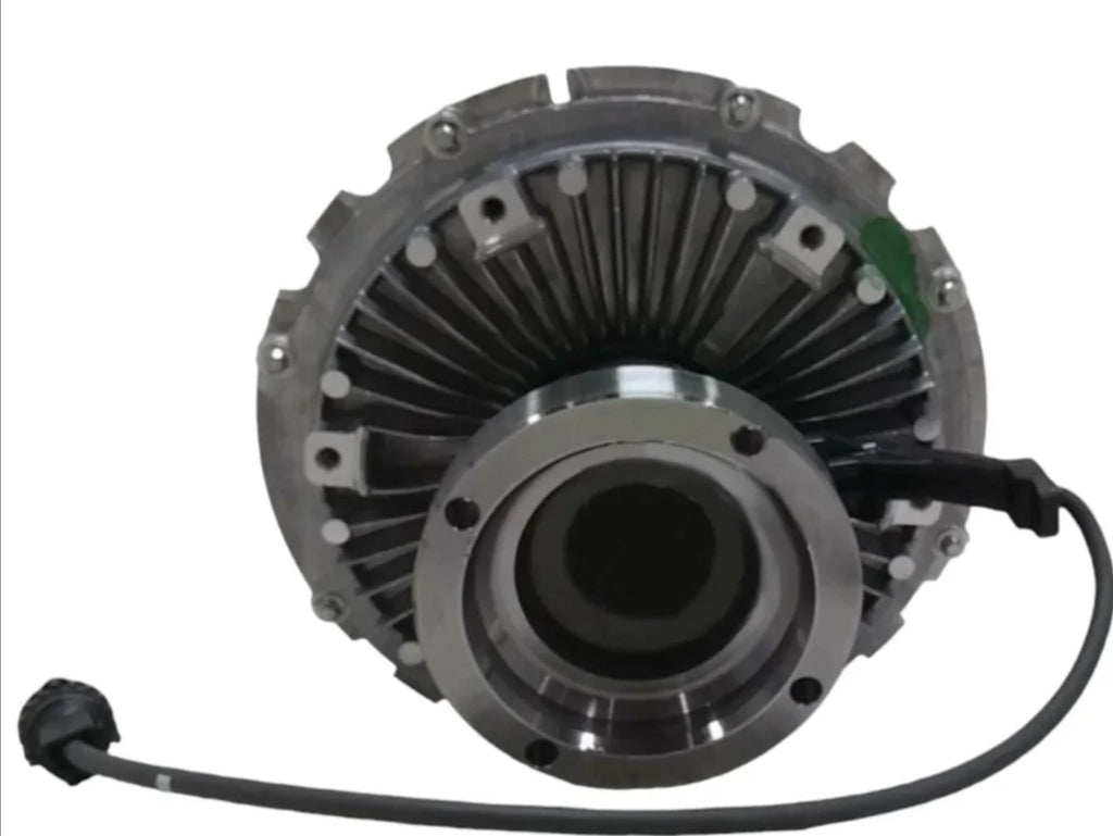 Electric fan clutch for Mack trucks by Automann, showing the black metal component with mounting points and electrical connector.