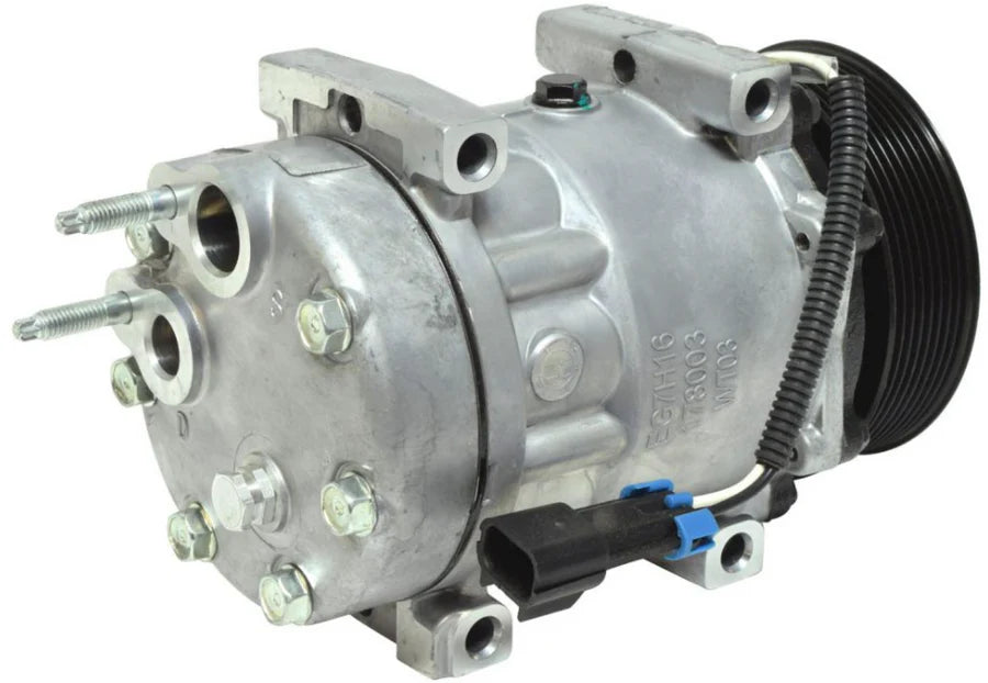 Automann 830.31009 air conditioning compressor 7H15 type, industrial air compressor with metal components and hoses.