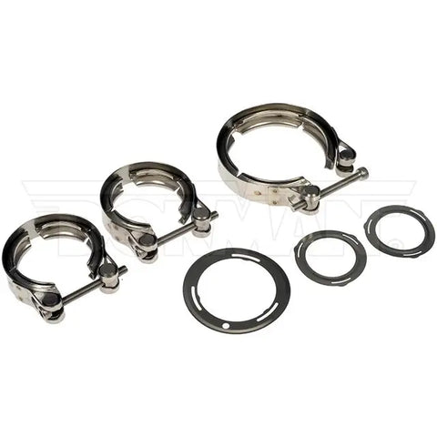 Dayton EGR cooler clamp, exhaust gas recirculation coolant clamp, metal connector with securing screw on black background