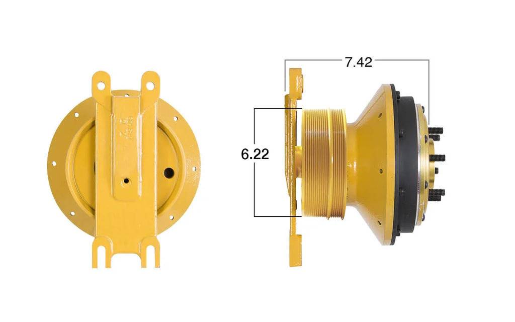 Remanufactured Kit Masters fan clutch in gold finish, designed for vehicle cooling systems, shown in the image.