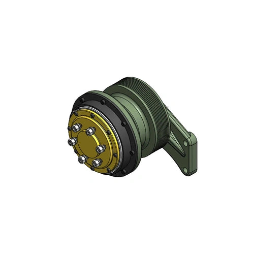 Detroit Diesel fan clutch by Kitmasters, angled view showing the metal housing and mounting points for engine cooling.