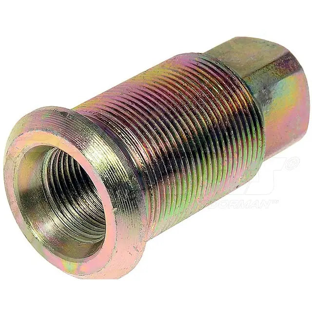 Automann E-10253L wheel end inner cap nut for vehicle wheel assembly, showing the chrome finish and threaded design.