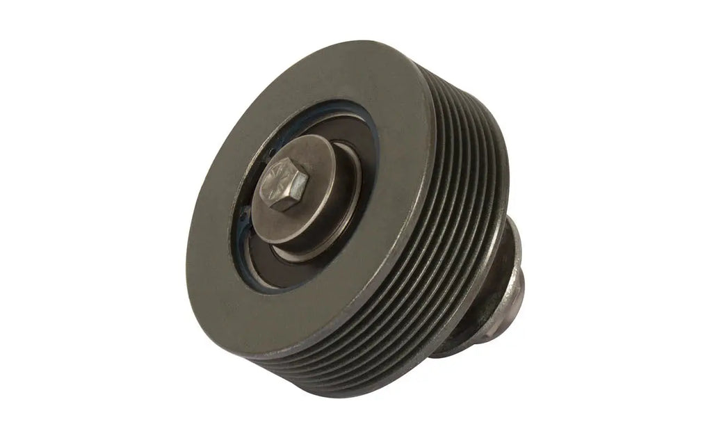 Re-manufactured Kitmasters idler pulley showing a metal wheel and mounting bracket for automotive belt tensioner.