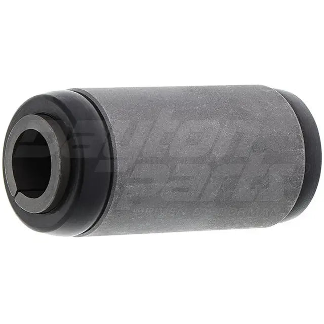 Pair of Dayton RB-118 leaf spring bushings, silent block automotive suspension parts, shown in black rubber with metal sleeves.