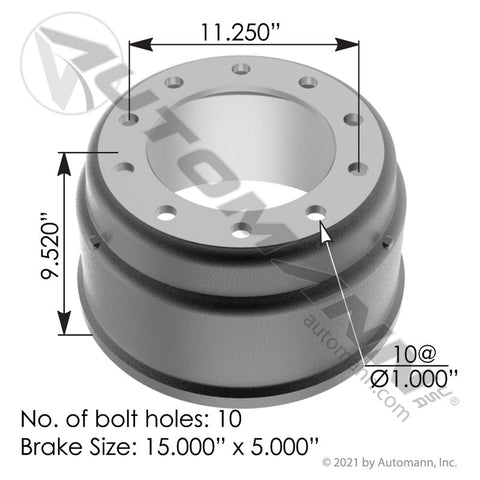 151.5503BA- Brake Drum 15.000in X 5.000in - Nick's Truck Parts