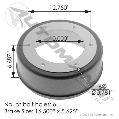 151.6507BA - Brake Drum 16.500in X 5.000in - Nick's Truck Parts