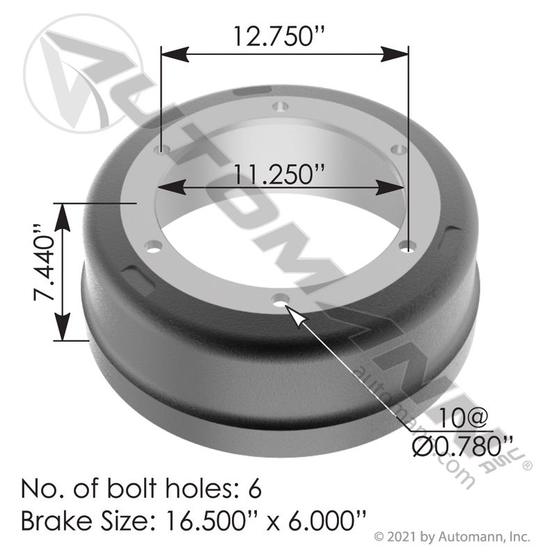 151.6601BA - Brake Drum 16.500in X 6.000in - Nick's Truck Parts