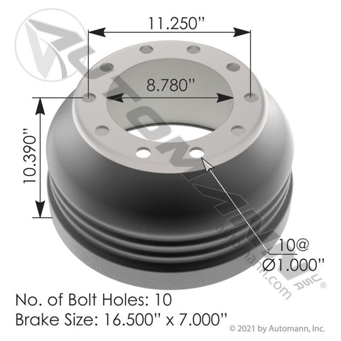 151.6700BA-LW - Brake Drum 16.500in X 7.000in - Nick's Truck Parts