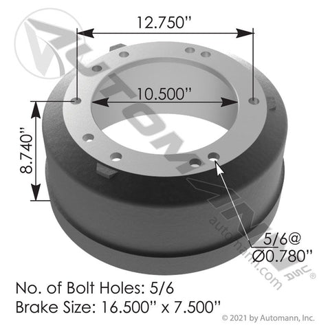 151.6705TR - Brake Drum 16.500in X 7.000in - Nick's Truck Parts