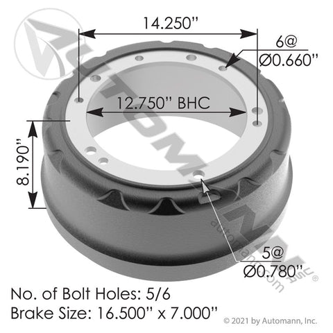 151.6710 - Brake Drum 16.500in X 7.000in - Nick's Truck Parts