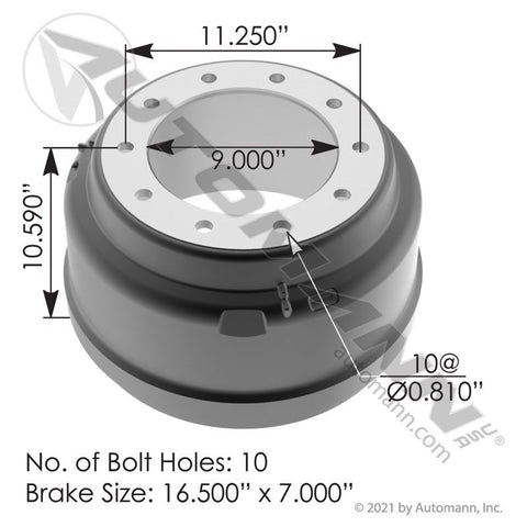 151.6711 - Brake Drum 16.500in X 7.000in - Nick's Truck Parts