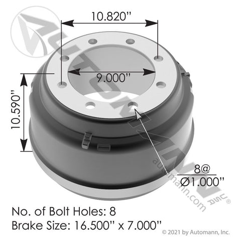 151.6712 - Brake Drum 16.500in X 7.000in - Nick's Truck Parts