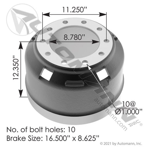151.68604BA - Brake Drum 16.500in X 8.625in - Nick's Truck Parts