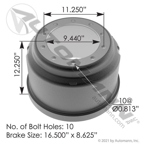 151.68606 - Brake Drum 16.500in X 8.625in - Nick's Truck Parts
