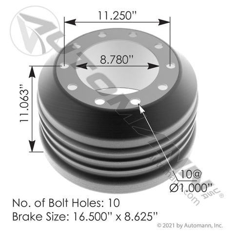 151.68607BA-LW - Brake Drum 16.500in X 8.625in - Nick's Truck Parts