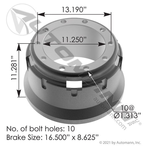 151.68609BA - Brake Drum 16.500in X 8.625in - Nick's Truck Parts
