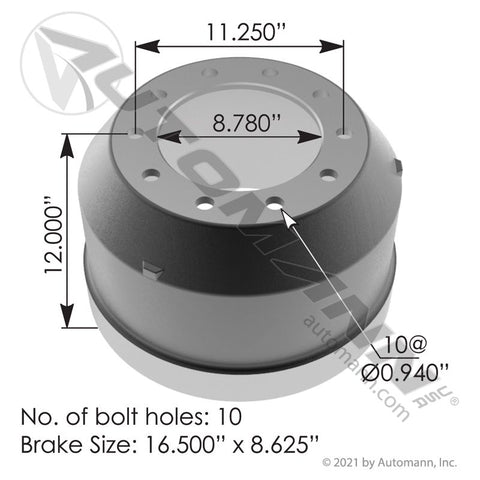 151.68611BA - Brake Drum 16.500in X 8.625in - Nick's Truck Parts