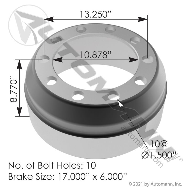 151.7601BA - Brake Drum 17.000in X 6.000in - Nick's Truck Parts