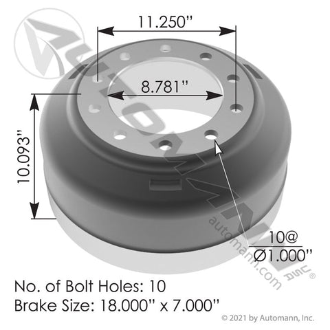 151.8706BA - Brake Drum 18.000in X 7.000in - Nick's Truck Parts
