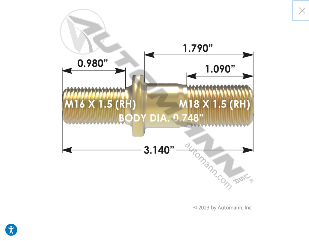 201.7052R- Double Ended Stud RH - Nick's Truck Parts