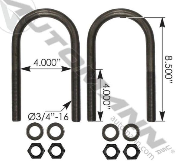 AUBK8154-083-Freightliner 3/4 x 4 x 8 In. U Bolt Kit, (product_type), (product_vendor) - Nick's Truck Parts